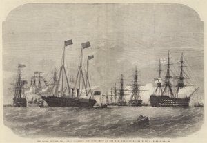 De marineparade, de vloot rond de draaipuntschepen bij de Nab, Portsmouth